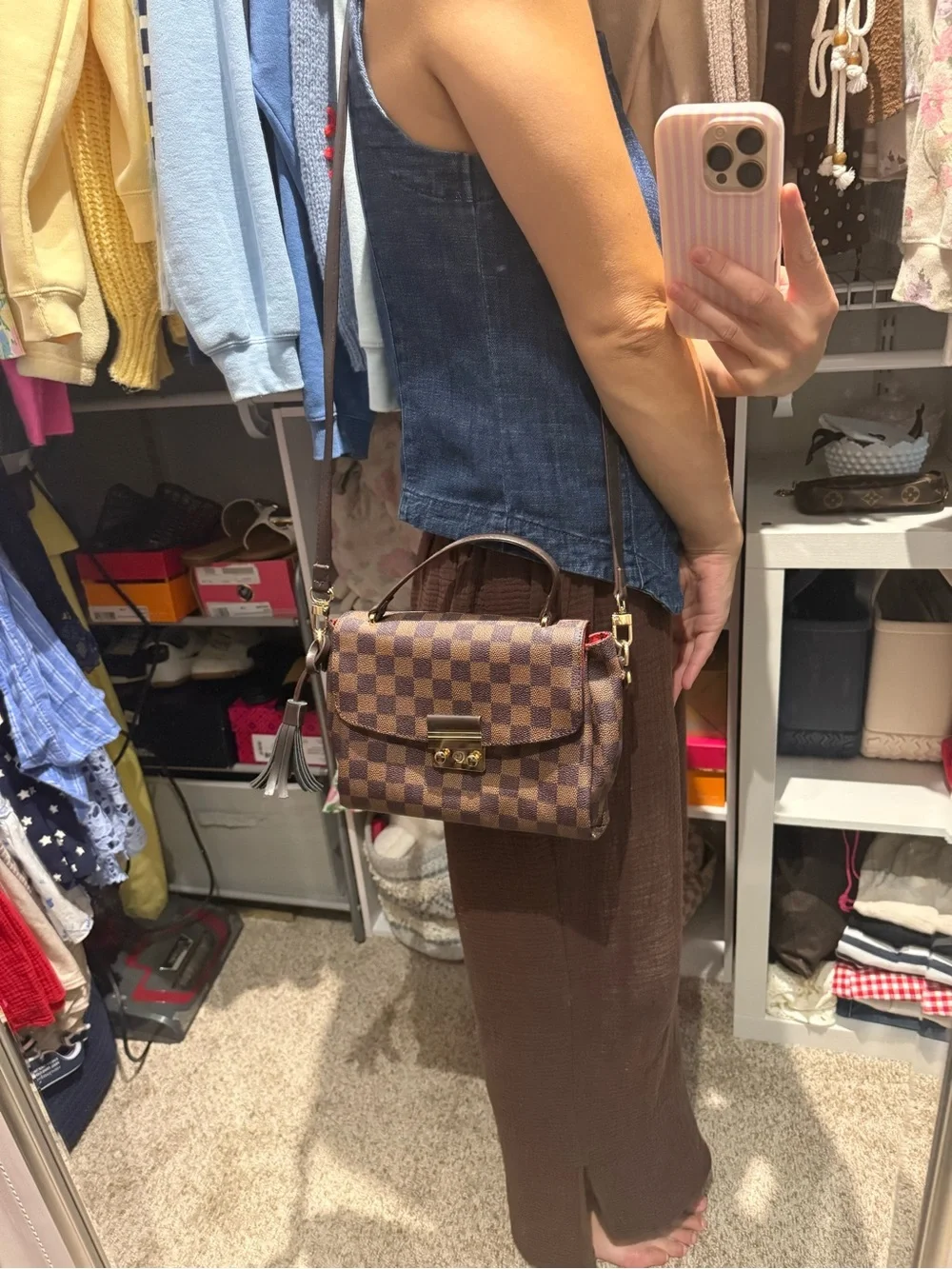 Designer-Style Brown Checkered Top-Handle Satchel with Tassel